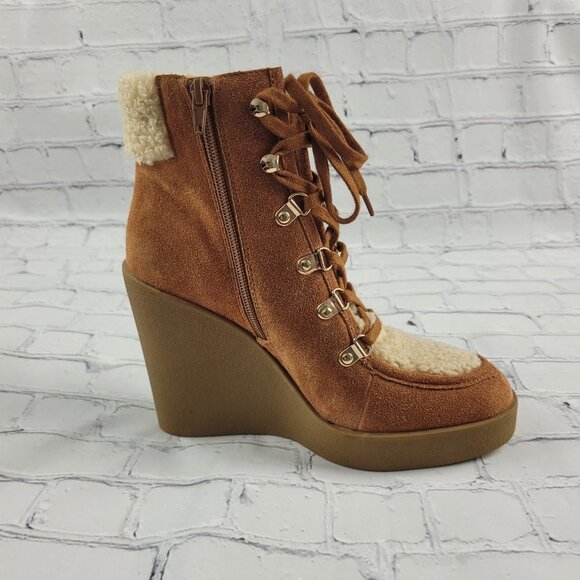 NEW Jessica Simpson Maelyn Wedge Bootie Brown Caramel Combo Leather Suede Sherpa - Picture 3 of 11